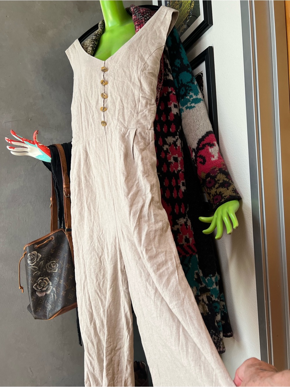 For The Republic Natural Beige Linen Button-Front Wide Leg Jumpsuit